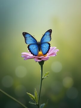 Blue Butterfly on Flower in Field with Soft Focus Background