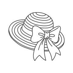 Striped hat with bow. Black and white coloring, thick black lines, cute vector illustration.