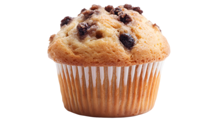 A muffin with chocolate chips on top. The muffin is sitting on a white background. The muffin is the main focus of the image