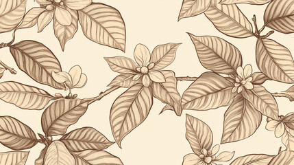A seamless pattern featuring delicate, hand-drawn coffee plant leaves, flowers, and berries in sepia tones on a plain background.