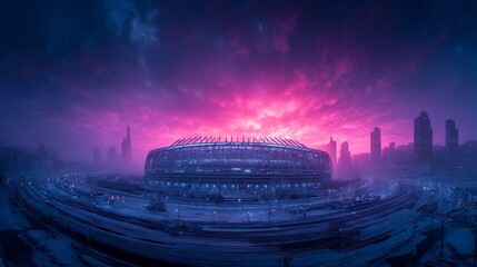 Landscape photograph of Camp Nou stadium in Barcelona during vivid sunset