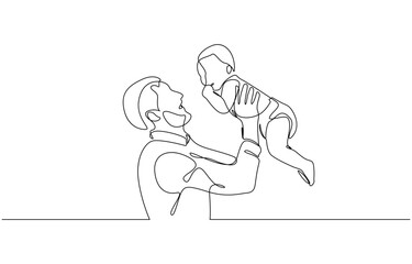 Father's Day greeting card. Continuous single drawn one line dad tosses a toddler, Minimalist black linear sketch isolated on white background. Vector illustration.