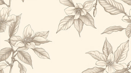 A seamless pattern featuring delicate, hand-drawn coffee plant leaves, flowers, and berries in sepia tones on a plain background.
