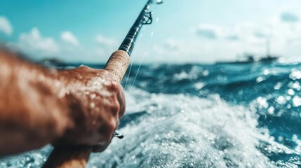 A fisherman casting his line into the glistening open water, capturing the essence of adventure, patience, and connection with nature in a vibrant maritime environment.