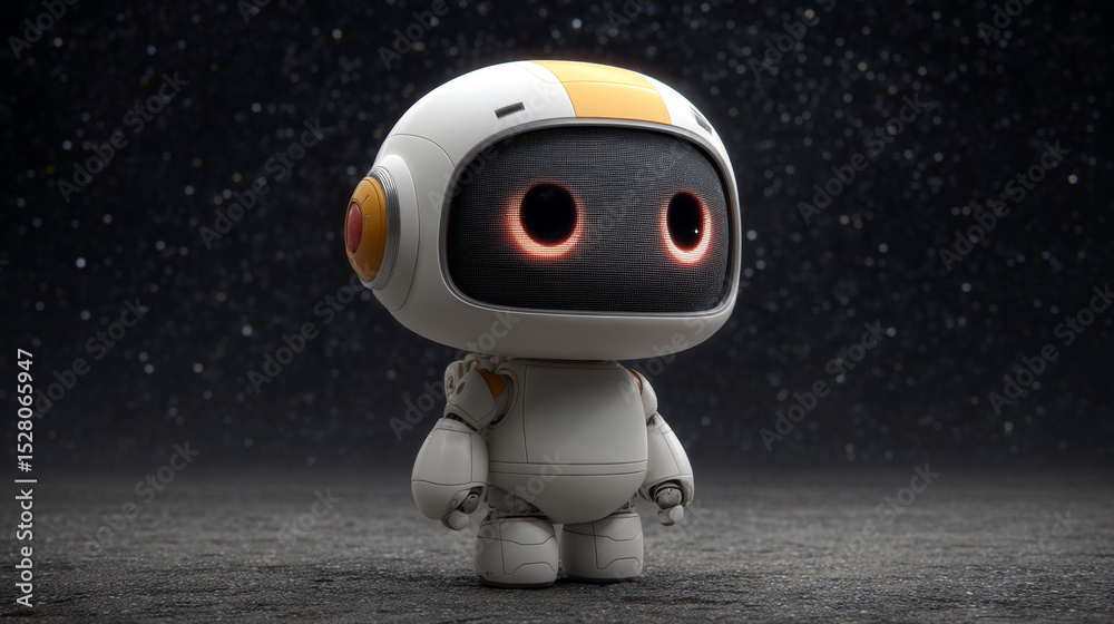 Poster a small robot is standing on a barren planetary surface, gazing into the vastness of space. its glow