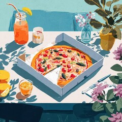 Pizza in a box on a table outdoors.
