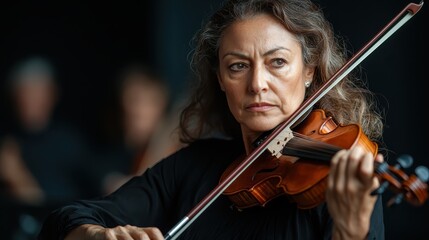 A talented violinist deeply focused on her craft delivers an emotional performance, showcasing her dedication to music in an intimate setting filled with passion and artistry.