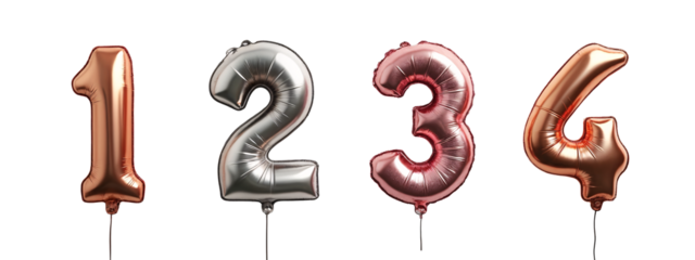 A set of four metallic balloons with the numbers 1, 2, 3, and 4 on them.