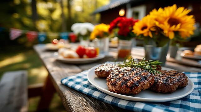 Backyard barbecue for Memorial Day featuring grilled plant-based burgers on picnic table
