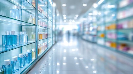 Bottles and containers displayed on glass shelves inside a modern drugstore