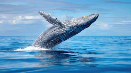 Fototapeta premium Humpback whale breaching above ocean waves under a blue sky