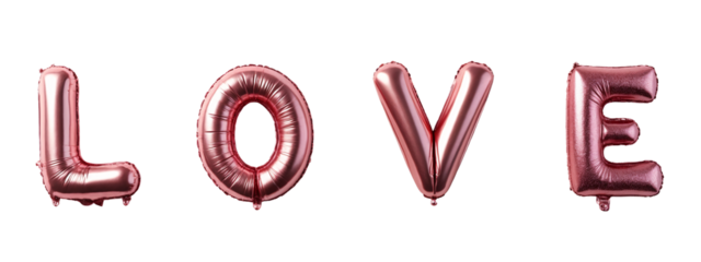 A set of three rose gold foil balloons spelling out the word LOVE.