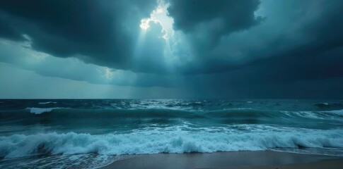 Fototapeta premium Dark, brooding clouds fill the sky above a stormy sea, waves crashing against the shore The ominous atmosphere is perfect for dramatic imagery , thunderclouds, coastline