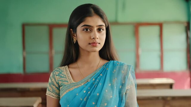 Confident and elegant Indian teacher wearing a traditional blue sari, standing in a classroom, embodying the essence of education and cultural heritage while inspiring students