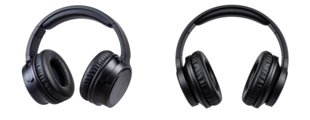 Floating Black Headphones with Shadow, front view, isolated on a transparent background