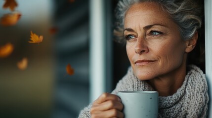 This serene image captures a woman with gray hair enjoying a cup of coffee, reflecting on life’s beauty amidst falling leaves, representing tranquility and the joy of simple moments.