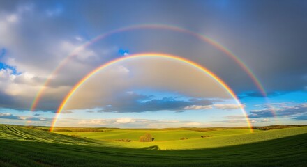 Naklejka premium Rainbow Images HD – Double Rainbow Over Green Fields with Sunlight | Rainbow Wallpaper, Rainbow Background