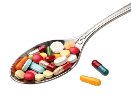 A silver spoon holds an assortment of colorful pills and capsules on a transparent background. The pills vary in shape and color, showcasing a range of medicinal options. - Powered by Adobe
