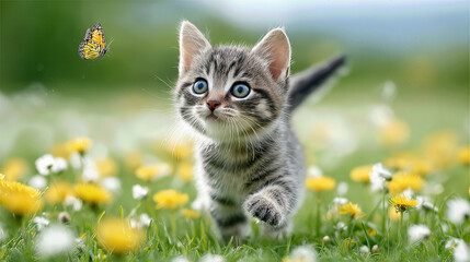 Adorable kitten chasing butterfly in sunny meadow full of wildflowers