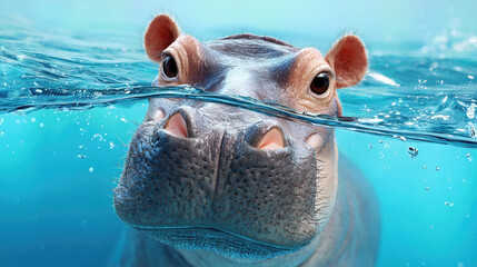 Close-up of a hippo swimming in clear blue water