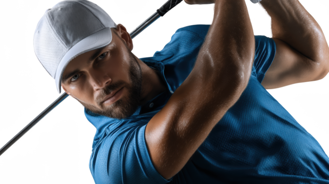 Swinging into Action: A focused athlete in a dynamic pose. with a crisp golf swing, embodying both power and precision. The crisp, clean composition highlights the grace and the focus of sports.