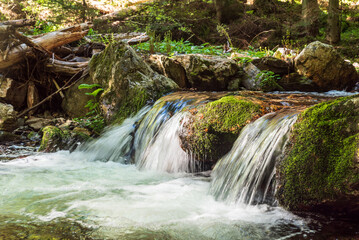 Rapids on mountain river with stones on riverbank