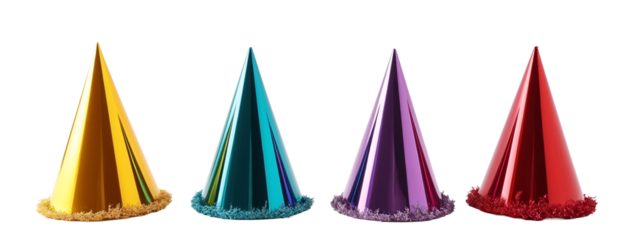 A set of four metallic party hats in different colors.