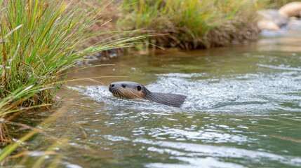 Platypus swimming in a serene Australian river surrounded by grass and water