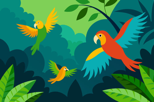 Colorful parrots flying in lush tropical rainforest