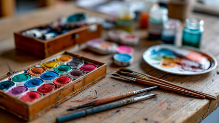 Art supplies on a wooden table including a paint palette, paint brushes and watercolor paints. 