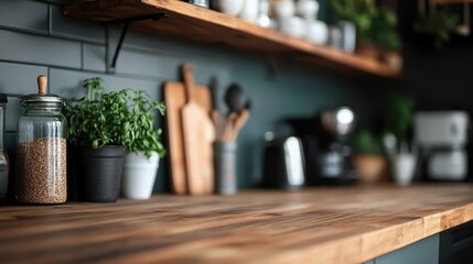 A beautifully arranged kitchen countertop with wooden shelves, plants, and utensils that embodies modern rustic style while highlighting the love for culinary arts.