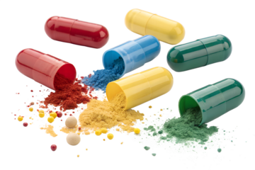 Colorful capsules spill vibrant powders on a transparent background. The scene includes red, yellow, green, and blue capsules with various colored powders scattered around.