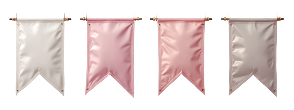 A set of three pink and white flags hanging on a white wall.