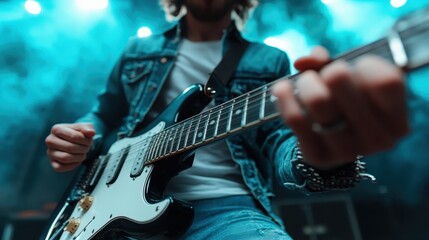 Obraz premium A close-up view of a guitarist immersed in their performance during a concert, highlighting the passion and connection with music and audience.