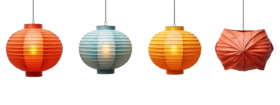 A group of four different colored paper lanterns hanging from a string.