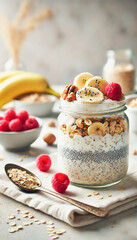 Nutritious chia pudding parfait topped with bananas, raspberries, and nuts.