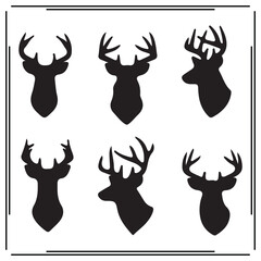 Deer Head Silhouettes Vector Set – Black Antler Animal Icons for Logos, Hunting Themes, Wildlife Designs, Rustic Decor, Badges, Emblems, and Nature-Inspired Graphics

