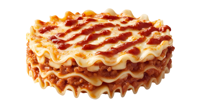A lasagna pie with a red sauce on top. The sauce is spread out in a zigzag pattern
