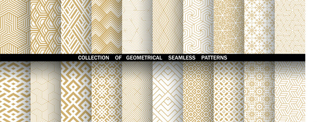 Geometric set of seamless golden and white patterns. Simple vector graphics