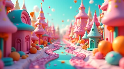 Candy Fantasy City with Lollipop Trees and Gummy Streets &ndash; 3D Vibrant Artwork