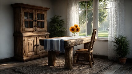 A traditional dining room with wooden china cabinet, table runner, and daylight pouring through lace curtains.