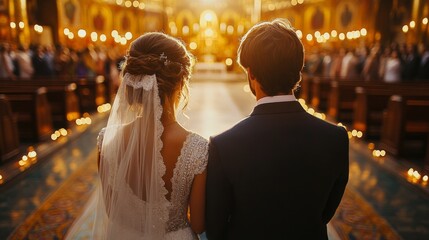 Fototapeta premium Couple stands side by side at their wedding, surrounded by guests in a beautifully lit venue, celebrating love and unity during the ceremony.