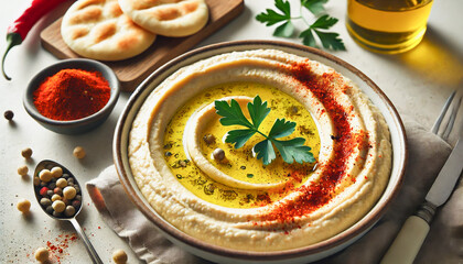 Velvety hummus swirled with olive oil and topped with fresh parsley and paprika.