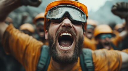 The image captures a passionate group of workers celebrating their achievements with intense energy and enthusiasm, showcasing teamwork, dedication, and the joy of hard work.