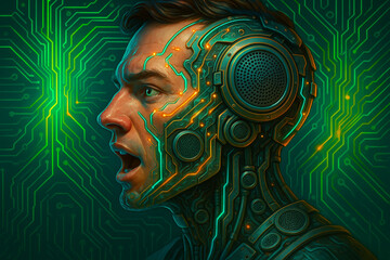 Cybernetic human face with glowing circuit aesthetics in futuristic design showing advanced technology and digital integration