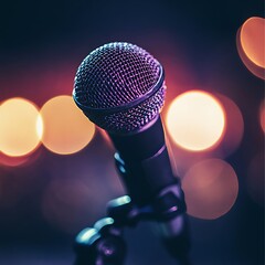 Microphone close up stage performance sound engineering vibrant colorful lights audio technology innovation image
