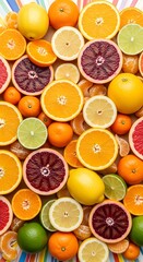 Vibrant citrus fruit background with colorful stripes