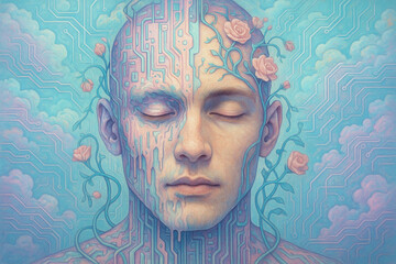 Serene cybernetic face blends with soft aesthetics of blooming roses and circuit patterns creating peaceful fusion of nature and technology