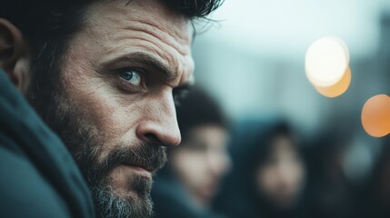 An intense close-up captures a man’s serious expression, revealing depth and complexity in his gaze, set against a blurred background of urban life and mood.