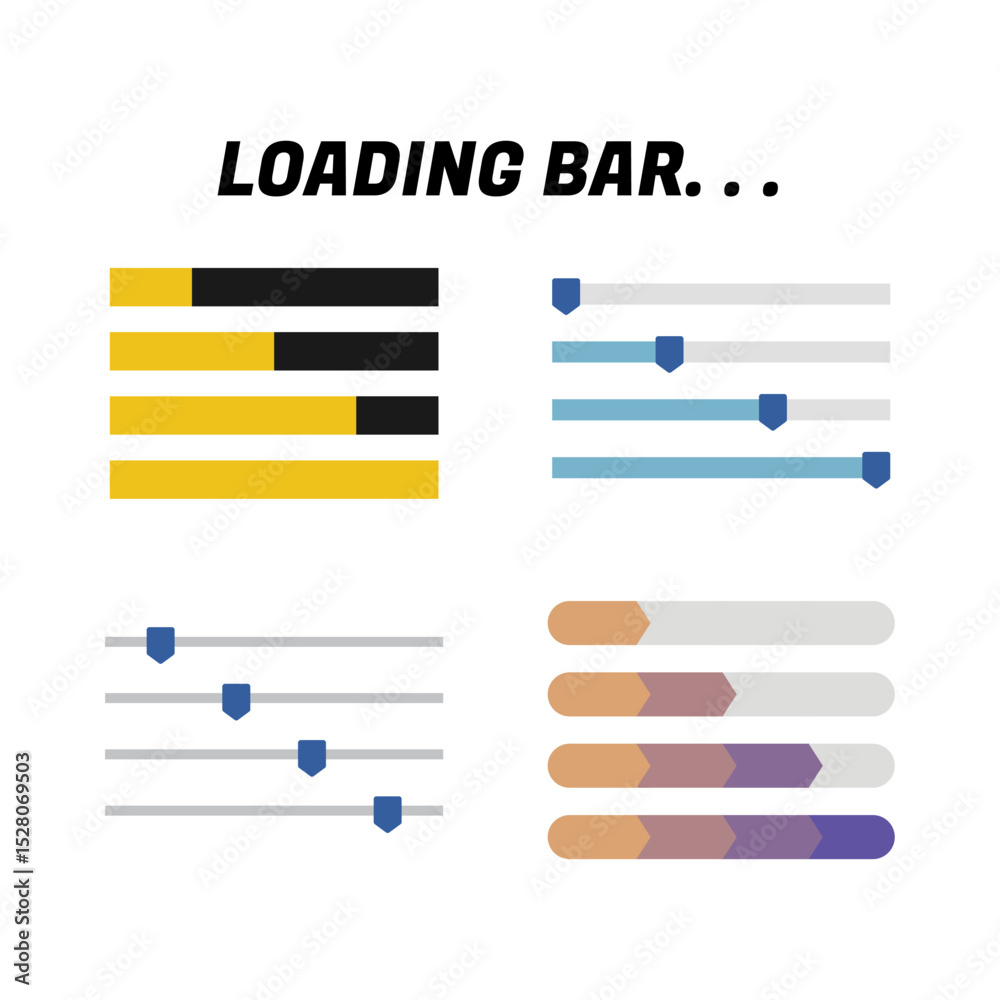 Poster Set of Loading Icons and Progress Bar.  Horizontal Load Indicators.